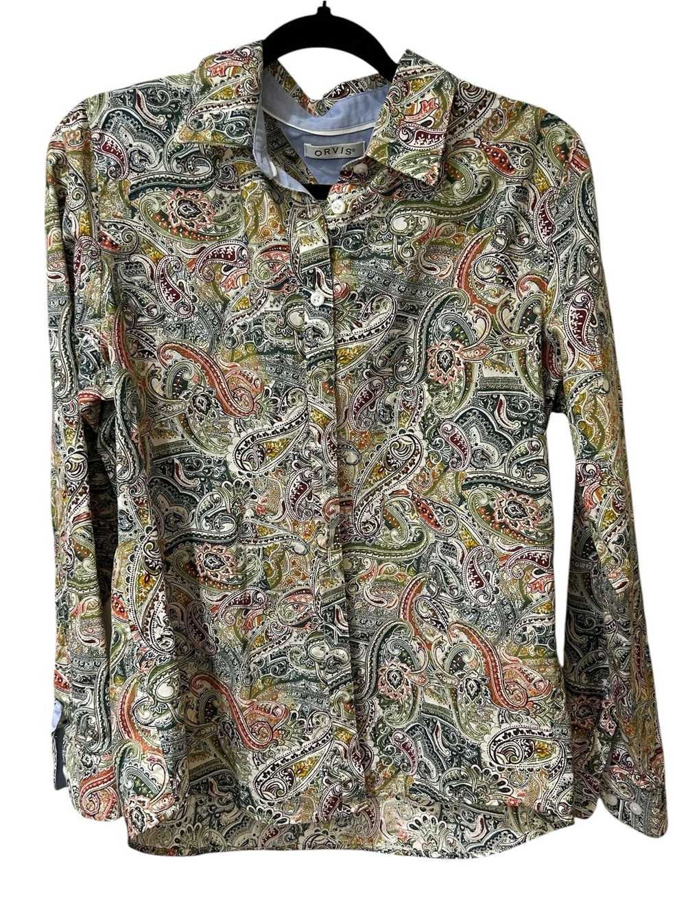Orvis Paisley Long-Sleeve Button Shirt in Green, Olive, Rust, Cream size 14